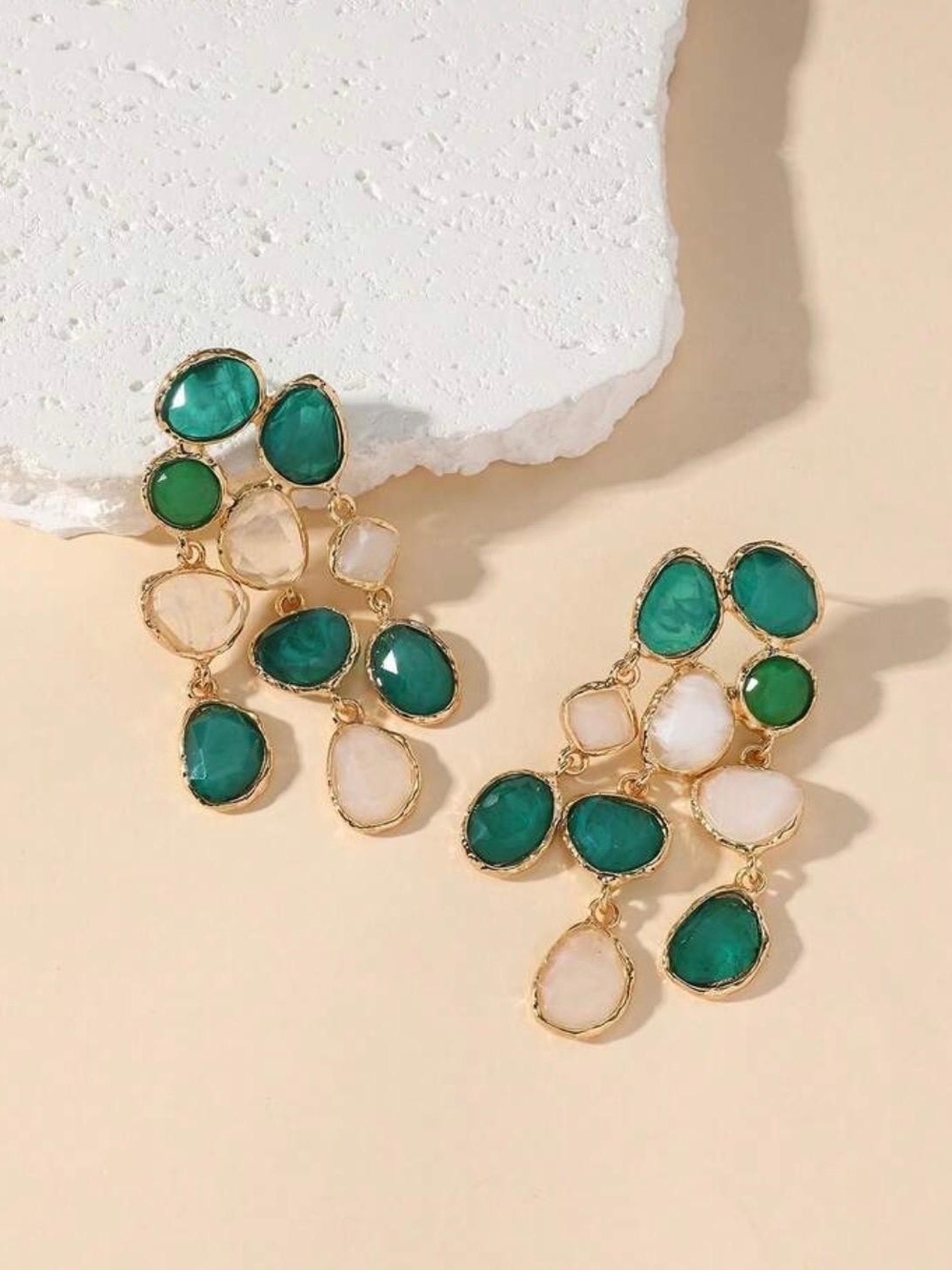 Gold Green and White Multi-Stone Chandelier Earrings - Picture 3 of 4